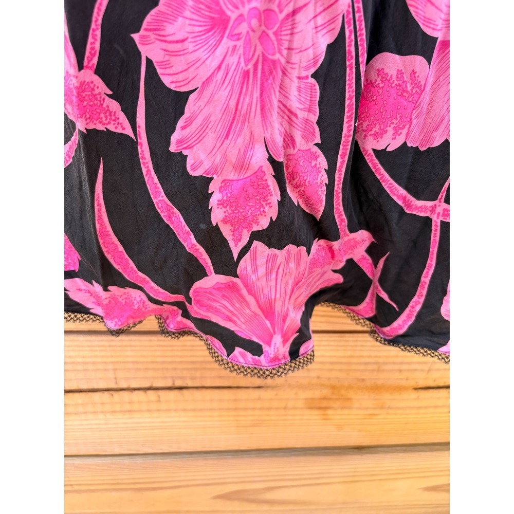 Betsey Johnson New York Pink Floral Hibiscus Black Midi Dress V-Neck Lace Trim S - Picture 3 of 8